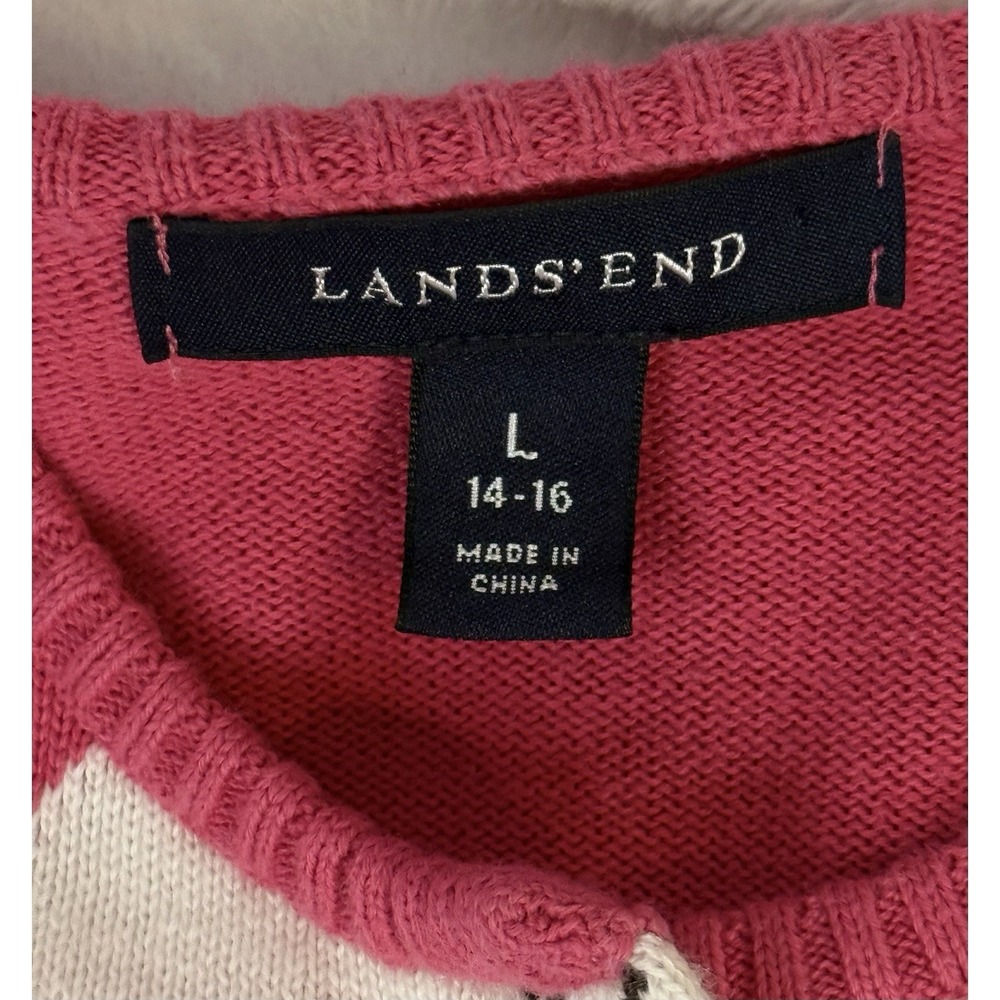 Lands End‎ Pink Argyle Cardigan L Supima Cotton Preppy Classic Sweater - Picture 8 of 10